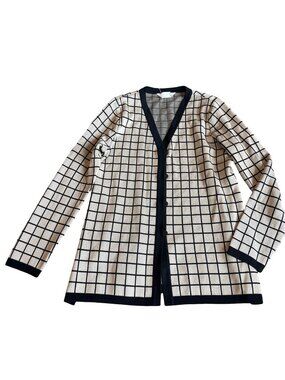 Exclusively Misook Cream Black Windowpane Grid Cardigan Sweater Small Women's